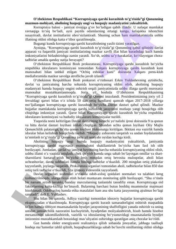 Korruptsiyaga qarshi kurashish va huquqiy madaniyat