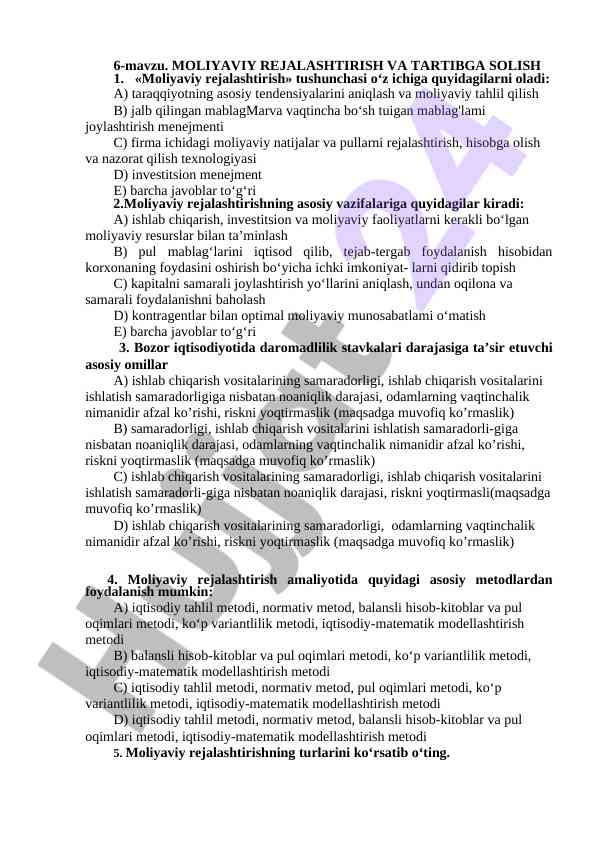 Moliya rejalashtirish asoslari va usullari
