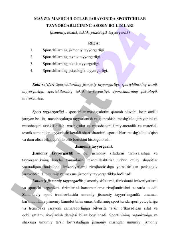Sportchilar tayyorlash jarayoni asosiy bo‘limlari