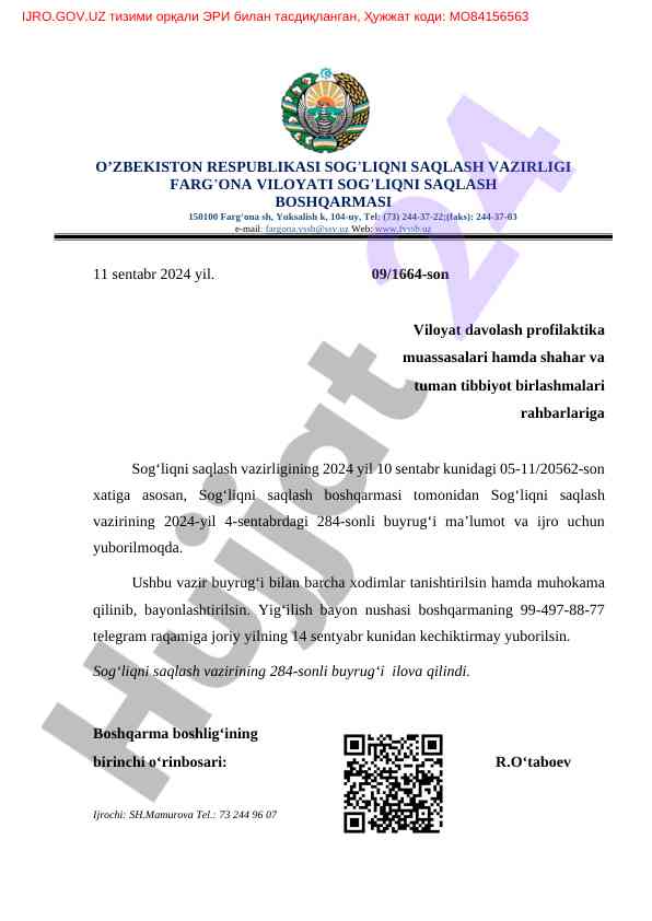 Sog‘liqni saqlash vazirligi buyrug‘i 2024