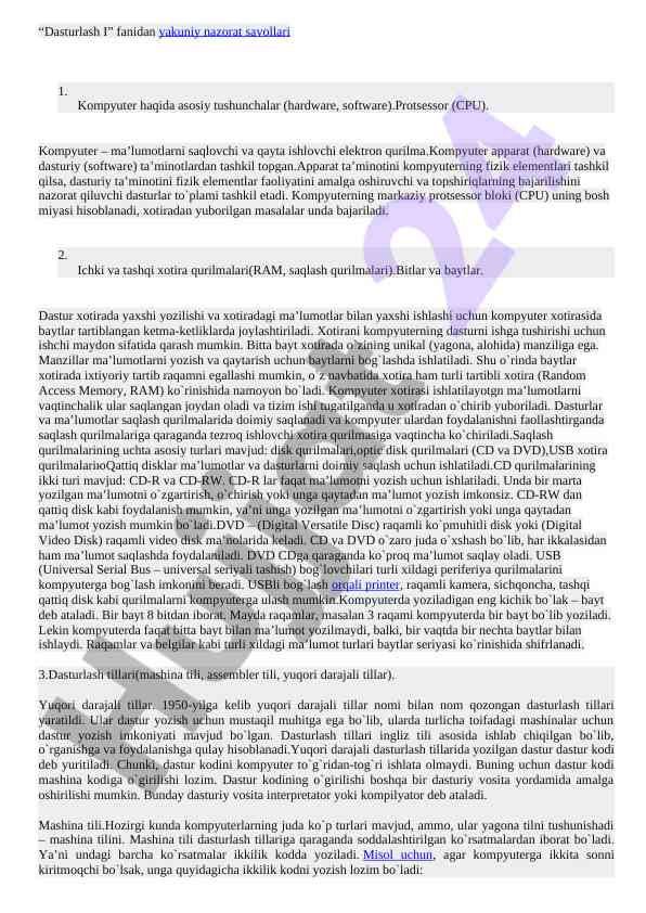 Dasturlash i fanidan yakuniy nazorat savollari