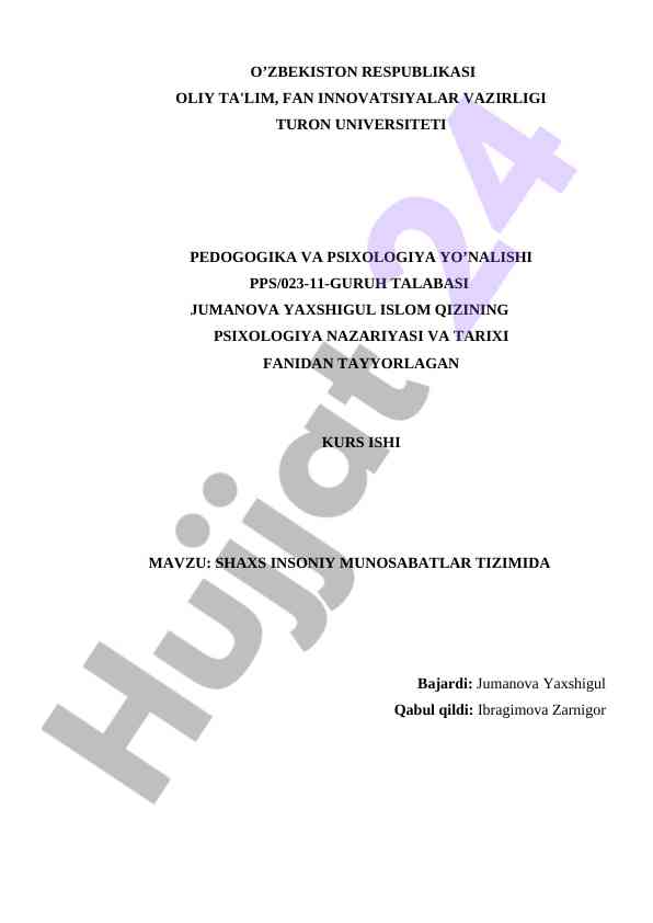 Shaxs insoniy munosabatlar tizimida psixologiya fani