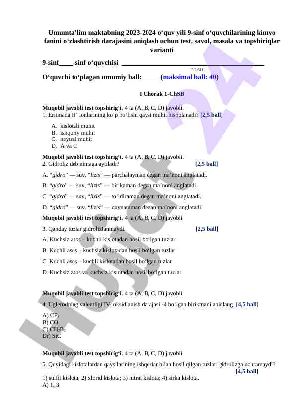 9-sinf kimyo fanidan test savollari varianti
