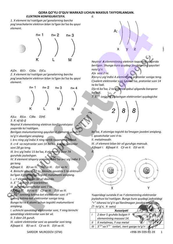 Elektron konfiguratsiyasiga doir test savollari