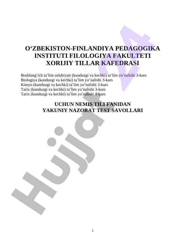 Nemis tili fanidan yakuniy nazorat test savollari