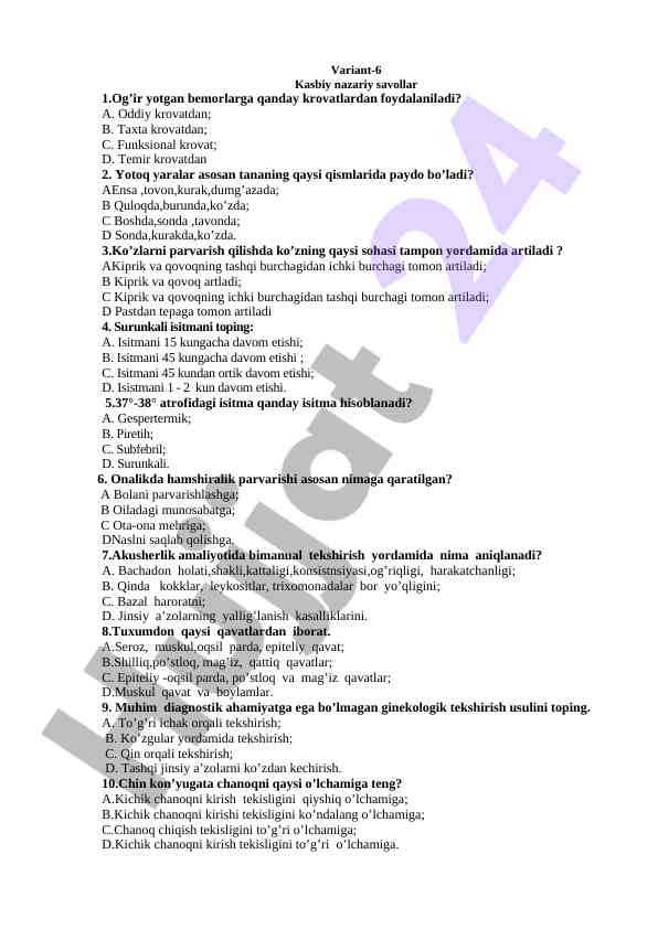 Kasbiy nazariy savollar bo‘yicha test savollari