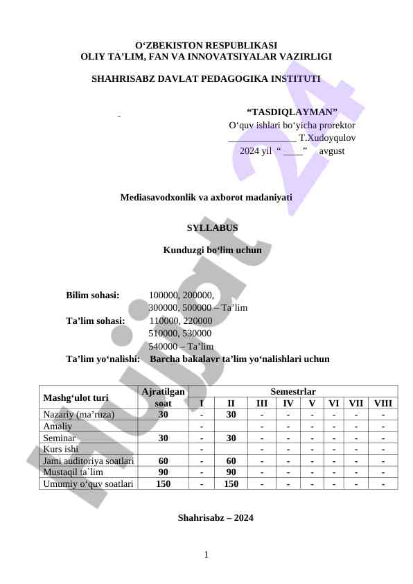 Mediasavodxonlik va axborot madaniyati syllabus