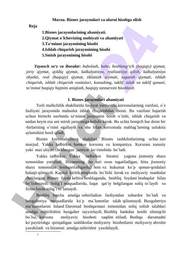 Biznes jarayonlari va ularni hisobga olish
