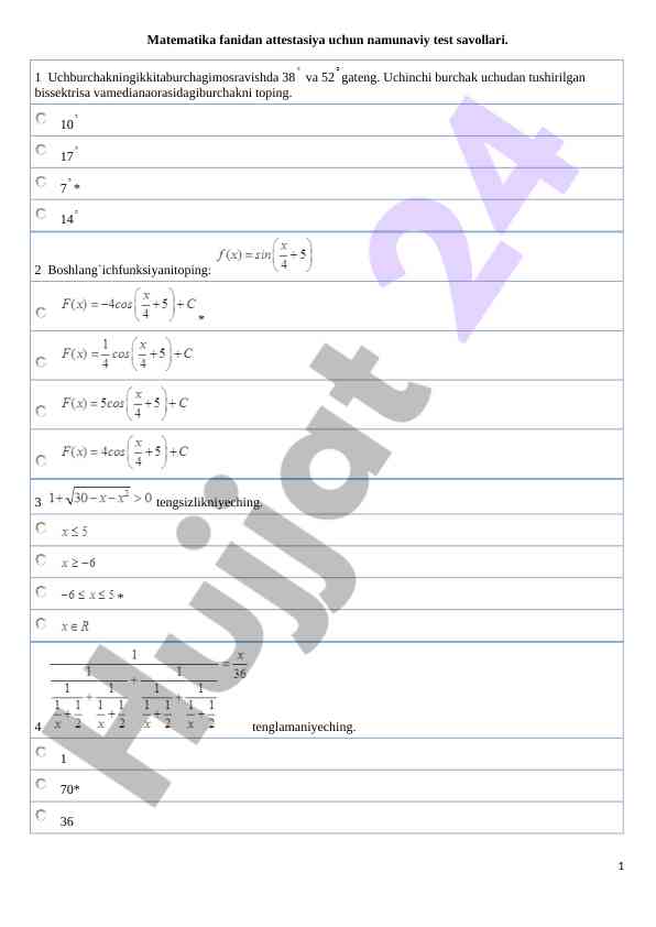 Matematika fanidan attestatsiya test savollari