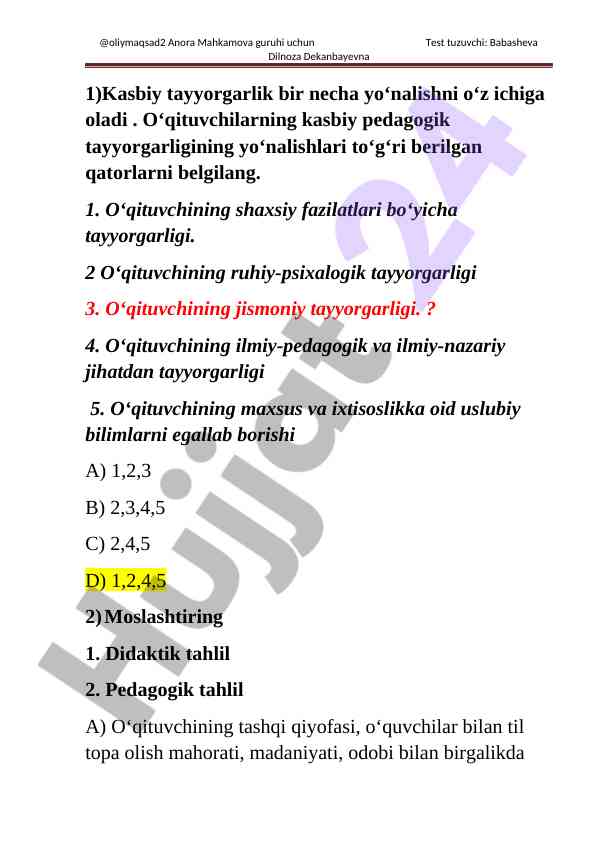 Kasbiy tayyorlashning asosiy yo'nalishlari