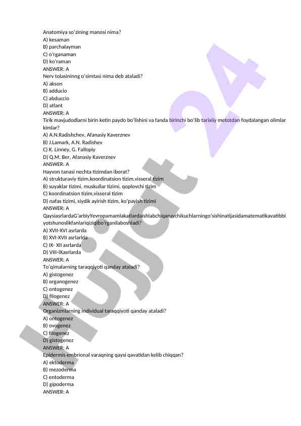 Biologiya testlari va savollari