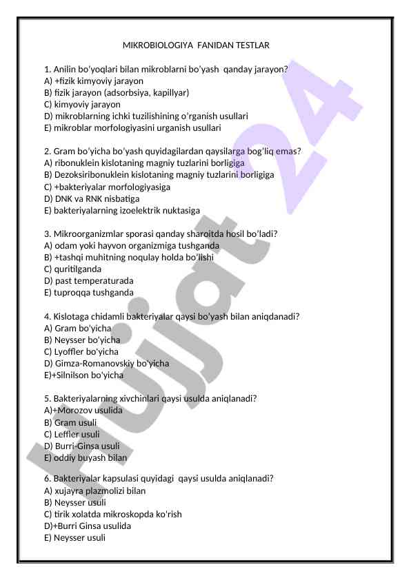 Mikrobiologiya fanidan testlar va savollar