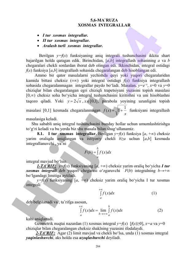 Xosmas integrallar va ularning tushunchalari
