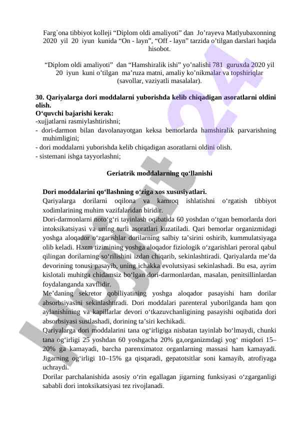 Hamshiralik ishiga oid diplom oldi amaliyoti hisoboti