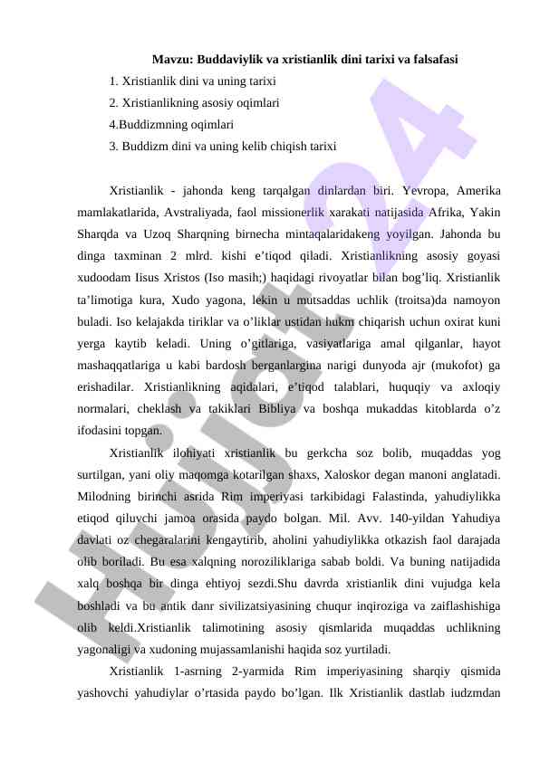Buddaviylik va xristianlik dini tarixi va falsafasi