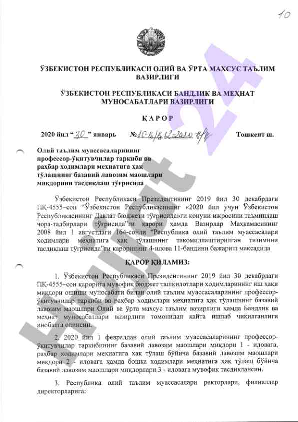 Oliy ta’lim professori lavozim maoshlarini oshirish