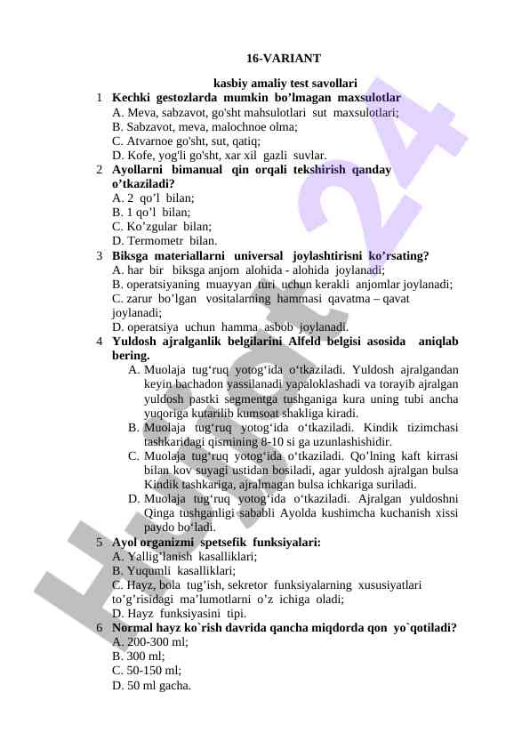 16 variant mavzusi bo'yicha kurs ishlari