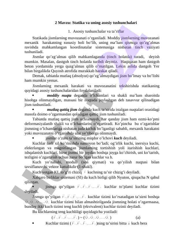 Statika va uning asosiy tushunchalari