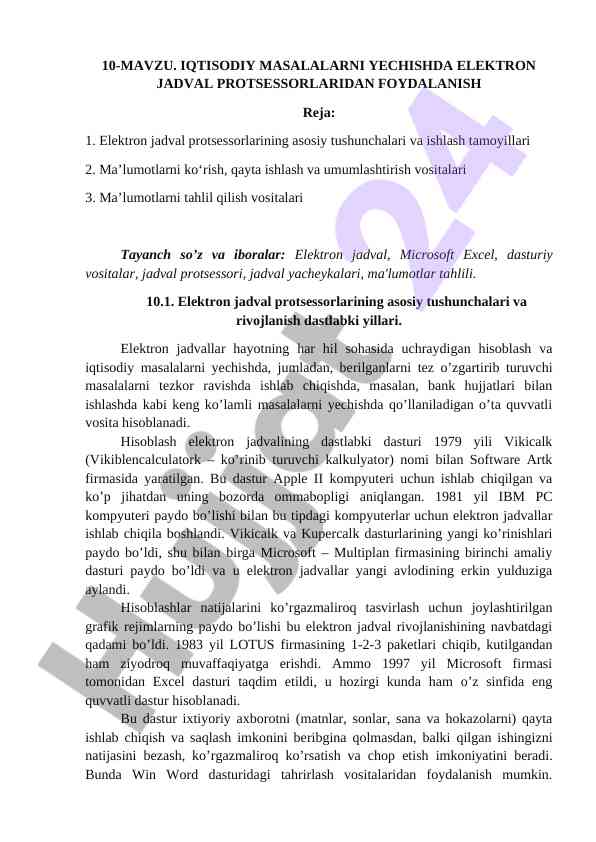 Elektron jadval protsessorlari va iqtisodiy masalalar