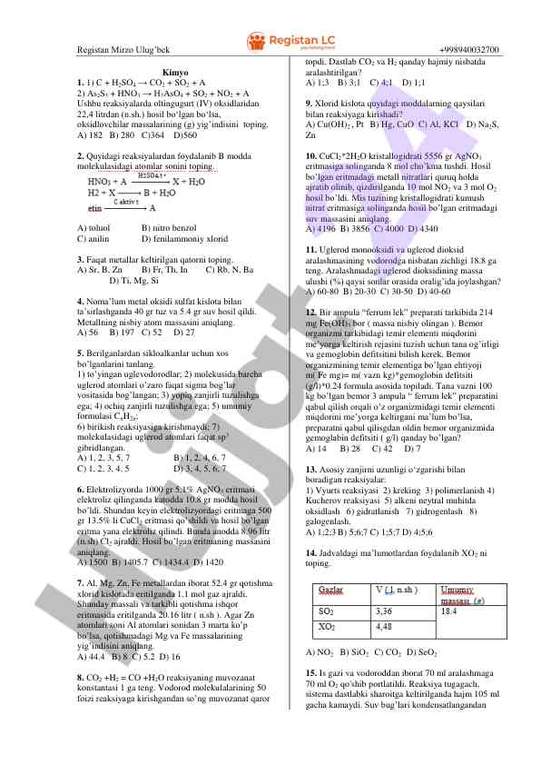 Kimyo faniga doir test savollari