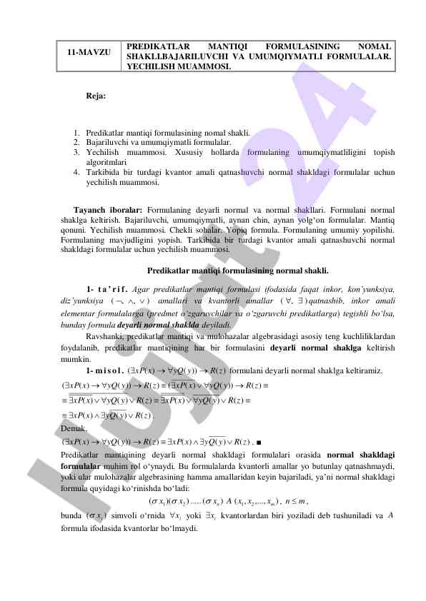 Predikatar mantiqi formulalari va yechilish muammosi