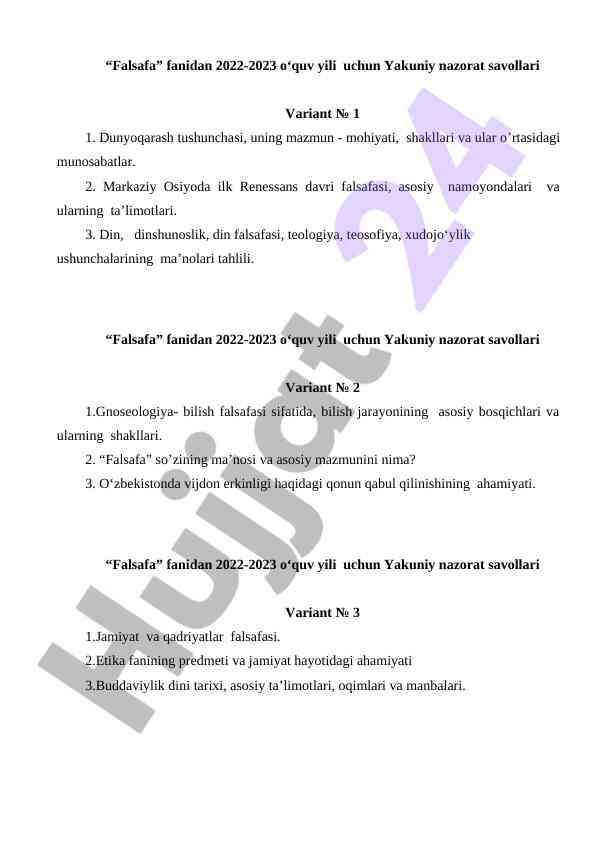 Falsafa fanidan yakuniy nazorat savollari 2022-2023