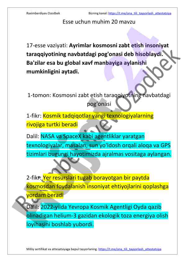 Kosmosni zabt etish haqida esse mavzusi