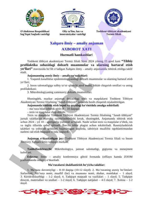 Xalqaro ilmiy anjuman tibbiy profilaktika mavzusi