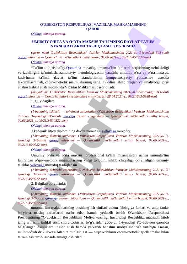 Umumta'lim fanlari bo'yicha o'qitish standartlari