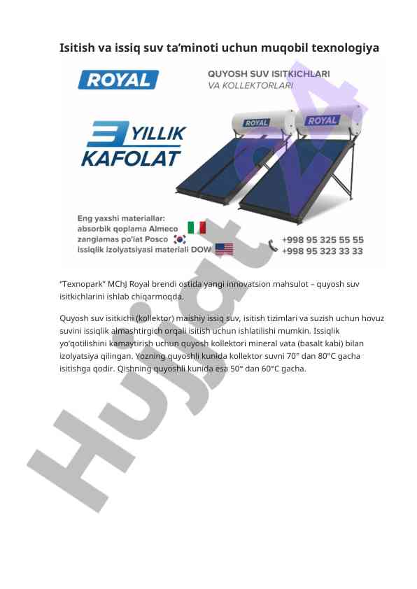 Quyosh suv isitkichlari innovatsion mahsuloti