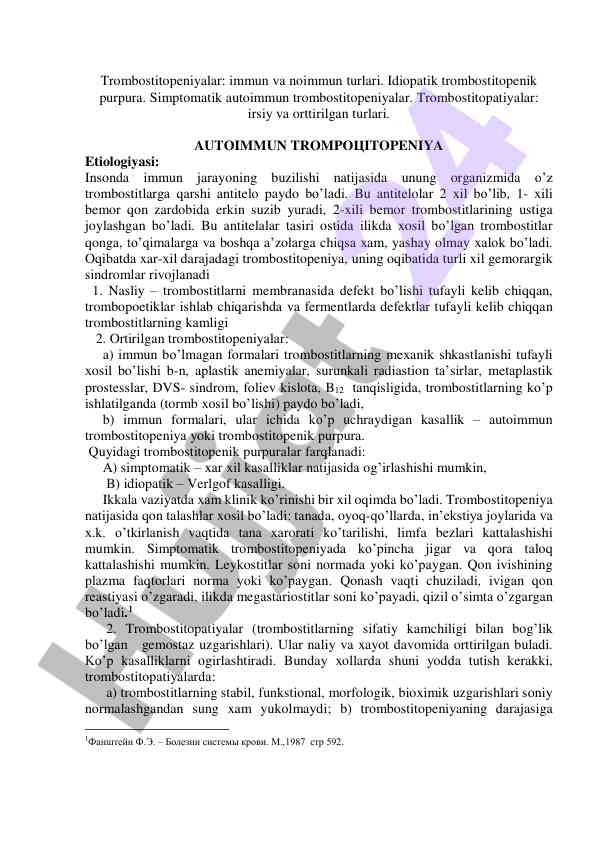 Trombostitopeniyalarning turlari va etiologiyasi