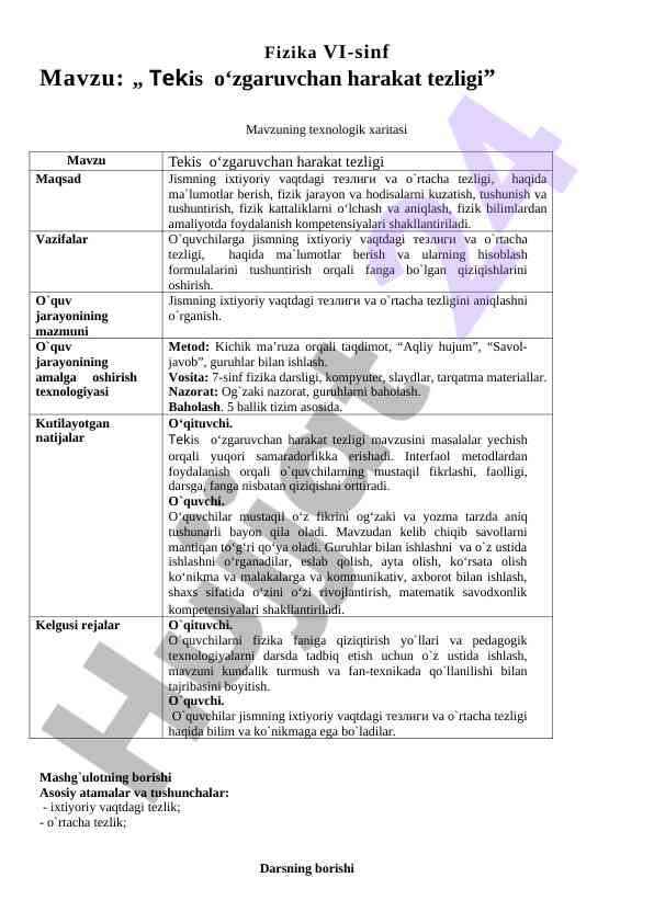 Tekis o‘zgaruvchan harakat tezligi mavzusi