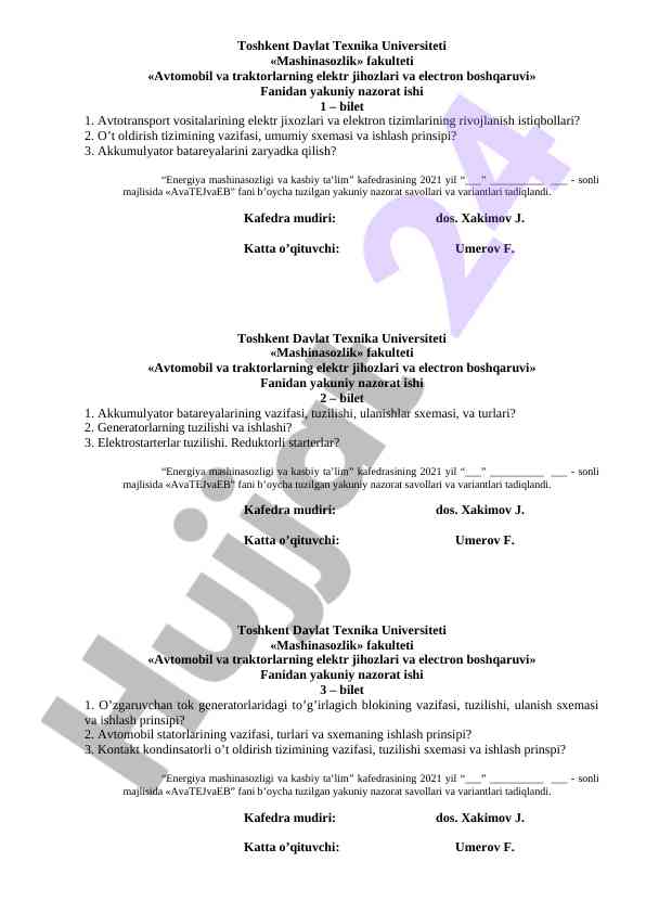 Avtomobil va traktorlarning elektr jihozlari savollari