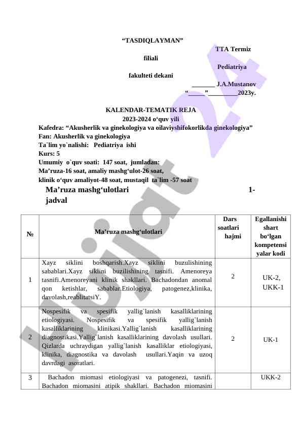 Kalendari tematik reja 2023-2024 o‘quv yili