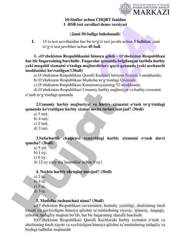 10-sinflar uchun chqbt fanidan test savollari