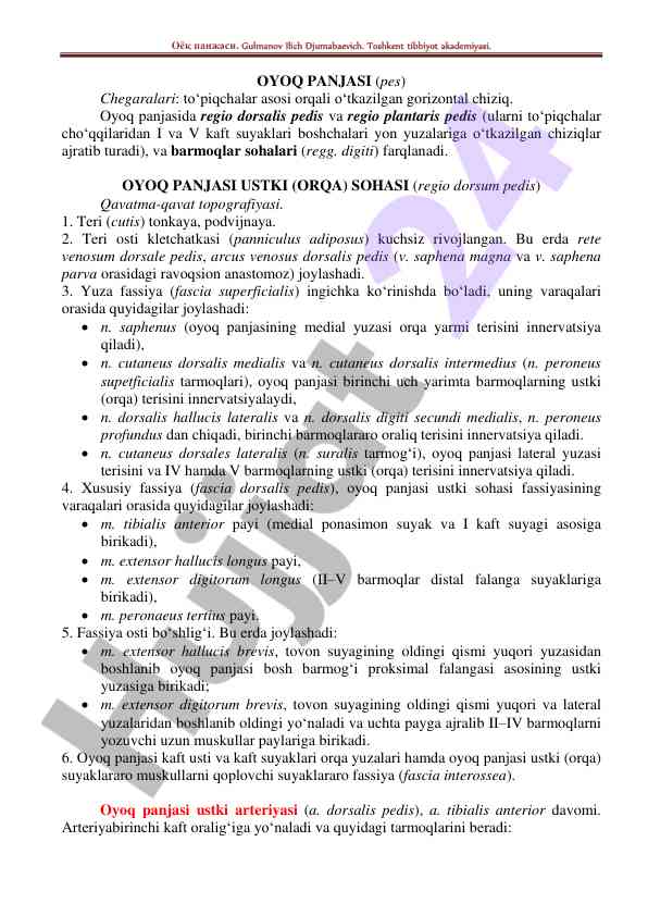 Oyoq panjasi strukturasi va funksiyalari