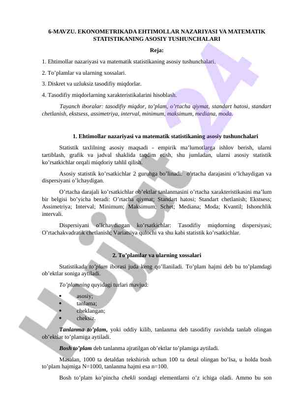 Ekonometriyada Ehtimollar Nazariyasi