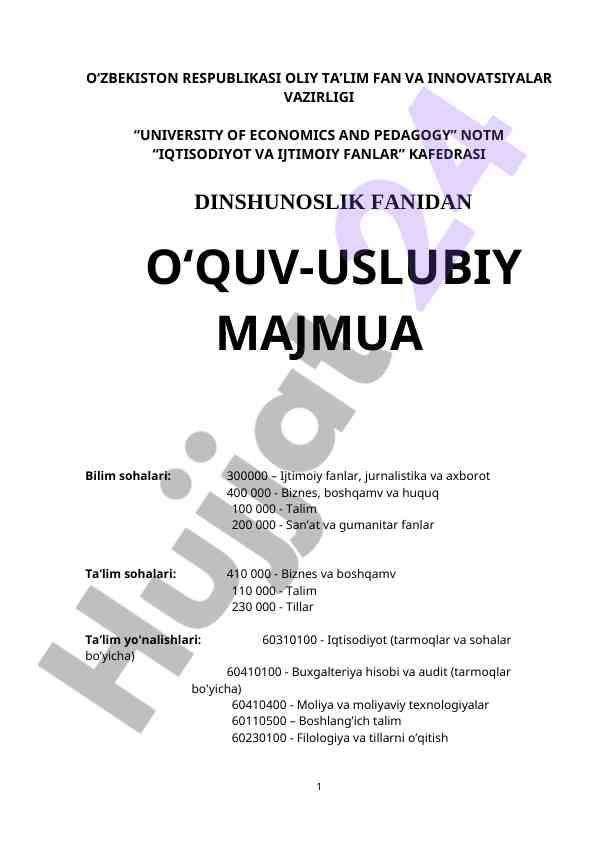 Dinshunoslik fanidan o‘quv-uslubiy majmua