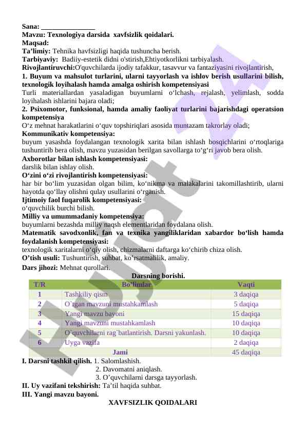 Texnologiya darsida xavfsizlik qoidalari