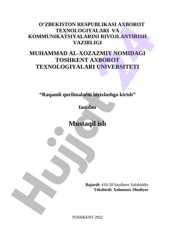Raqamli qurilmalarni loyihalash fanidan mustaqil ish