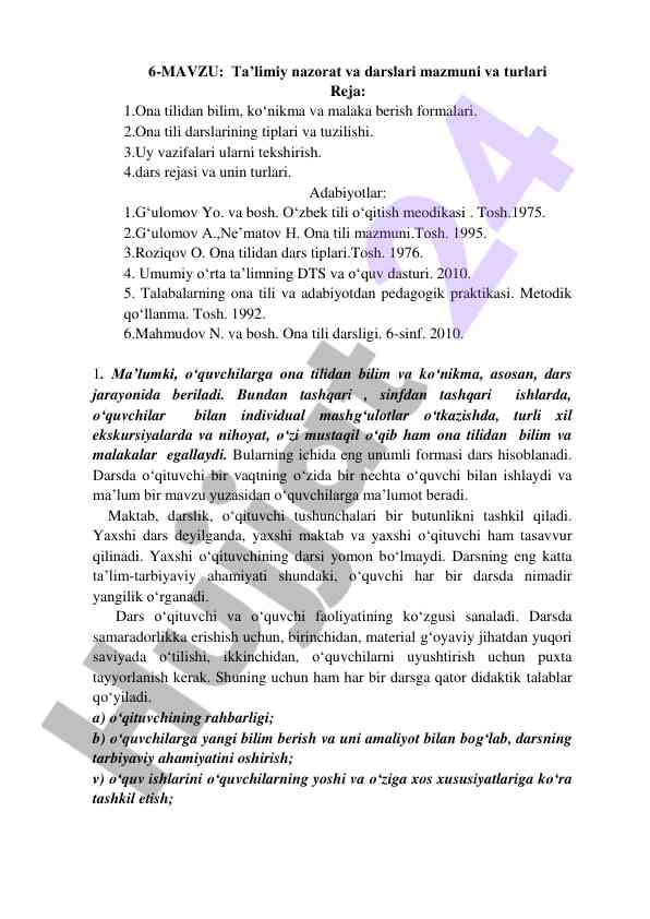 Ta’limiy nazorat va darslari mazmuni va turlari