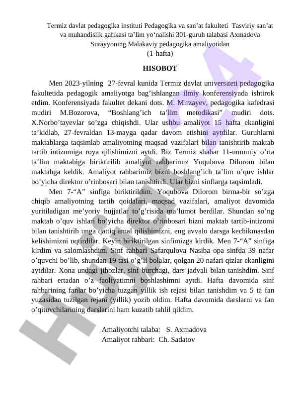 Malakaviy pedagogika amaliyoti hisoboti
