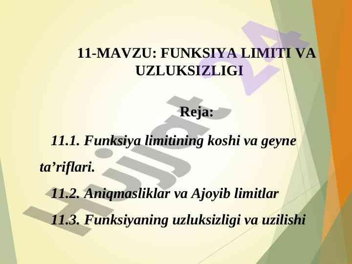 Funksiya limitlari va uzluksizligi bo'yicha reja