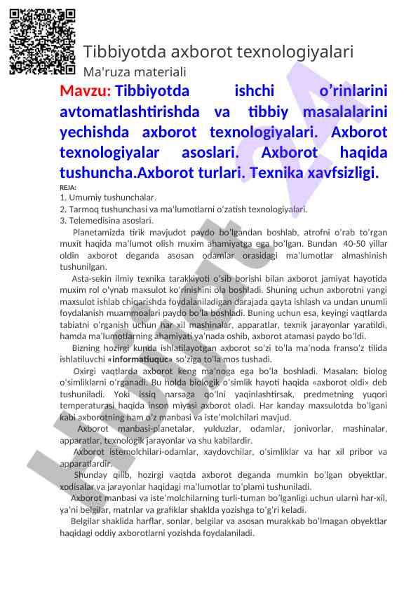 Tibbiyotda axborot texnologiyalari ma'ruza materiali