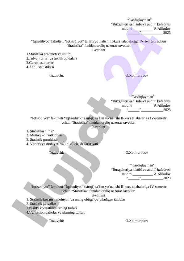 Statistika fanidan oraliq nazorat savollari