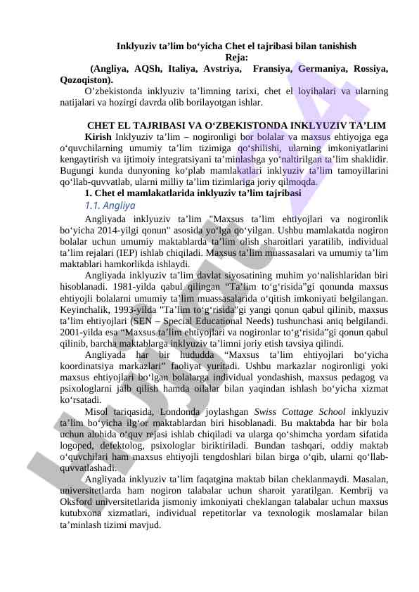 Inklyuziv ta’lim bo‘yicha chet el tajribasining tahlili
