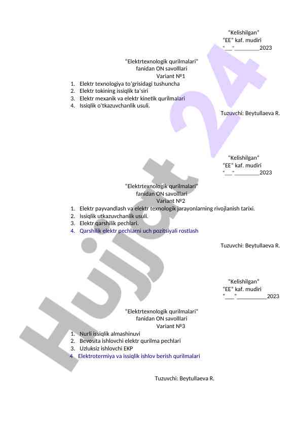 Elektrtexnologik qurilmalari savollari variantlari