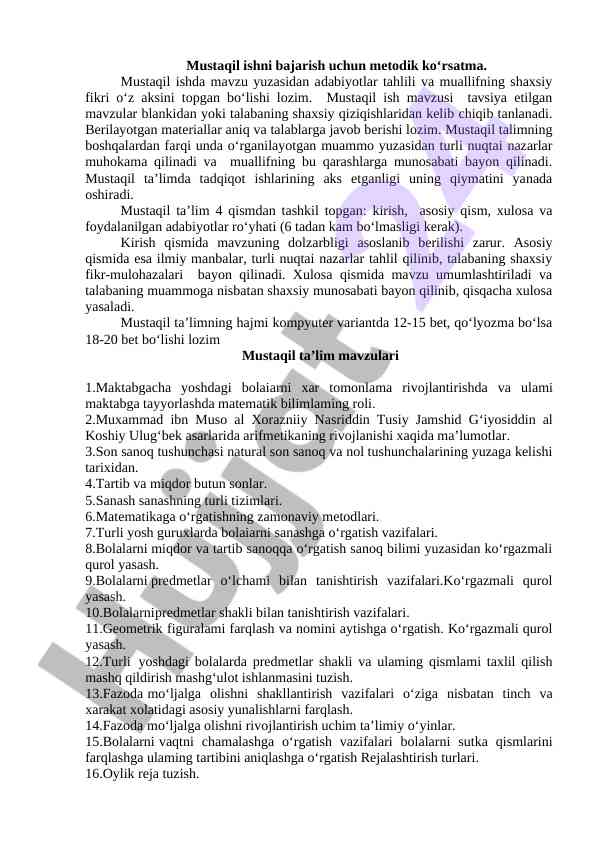 Mustaqil ishni bajarish uchun metodik ko‘rsatma