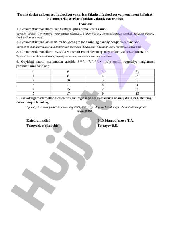 Ekonometrika asoslari fanidan yakuniy nazorat ishlari