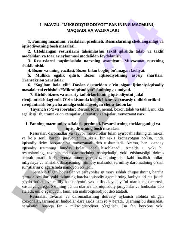 Mikroiqtisodiyot fanining asosiy mavzulari va vazifalari